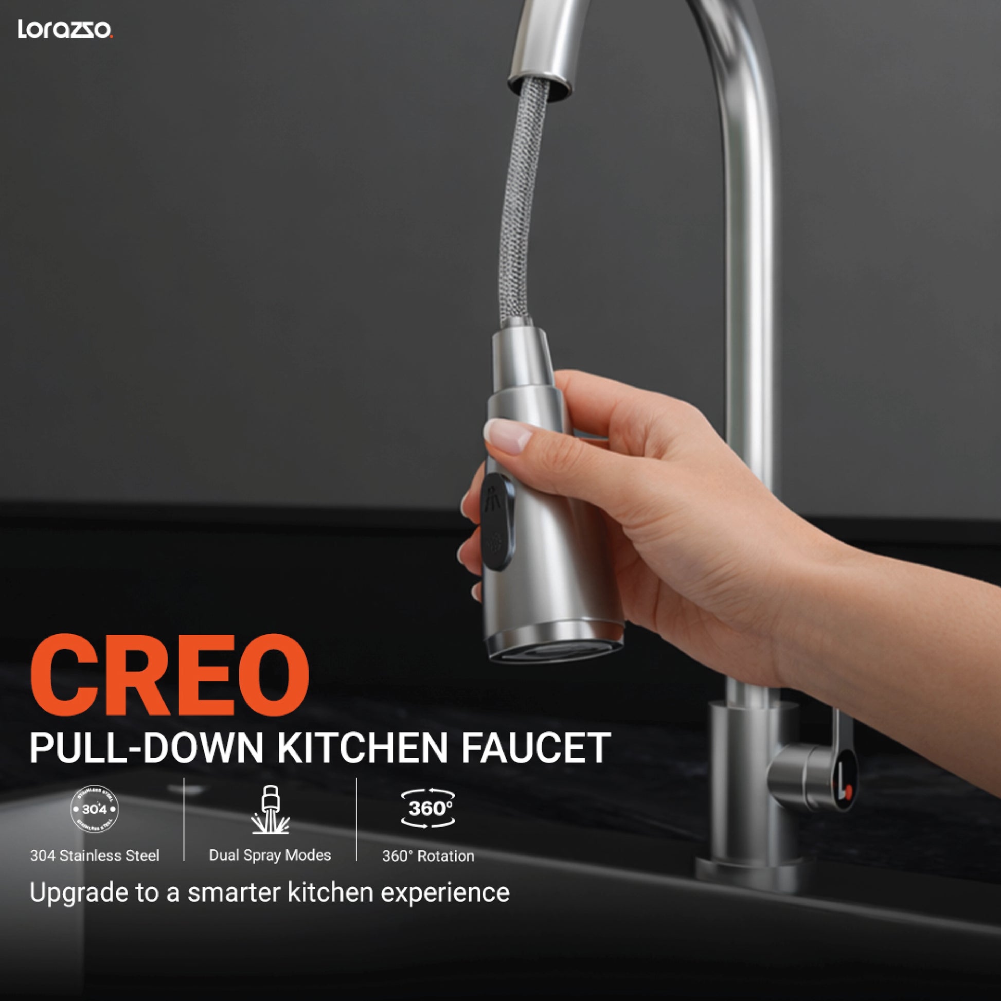 Creo™ Pull-Down SS304 Kitchen Faucet | Hot & Cold, 360° Swivel | Dual Spray