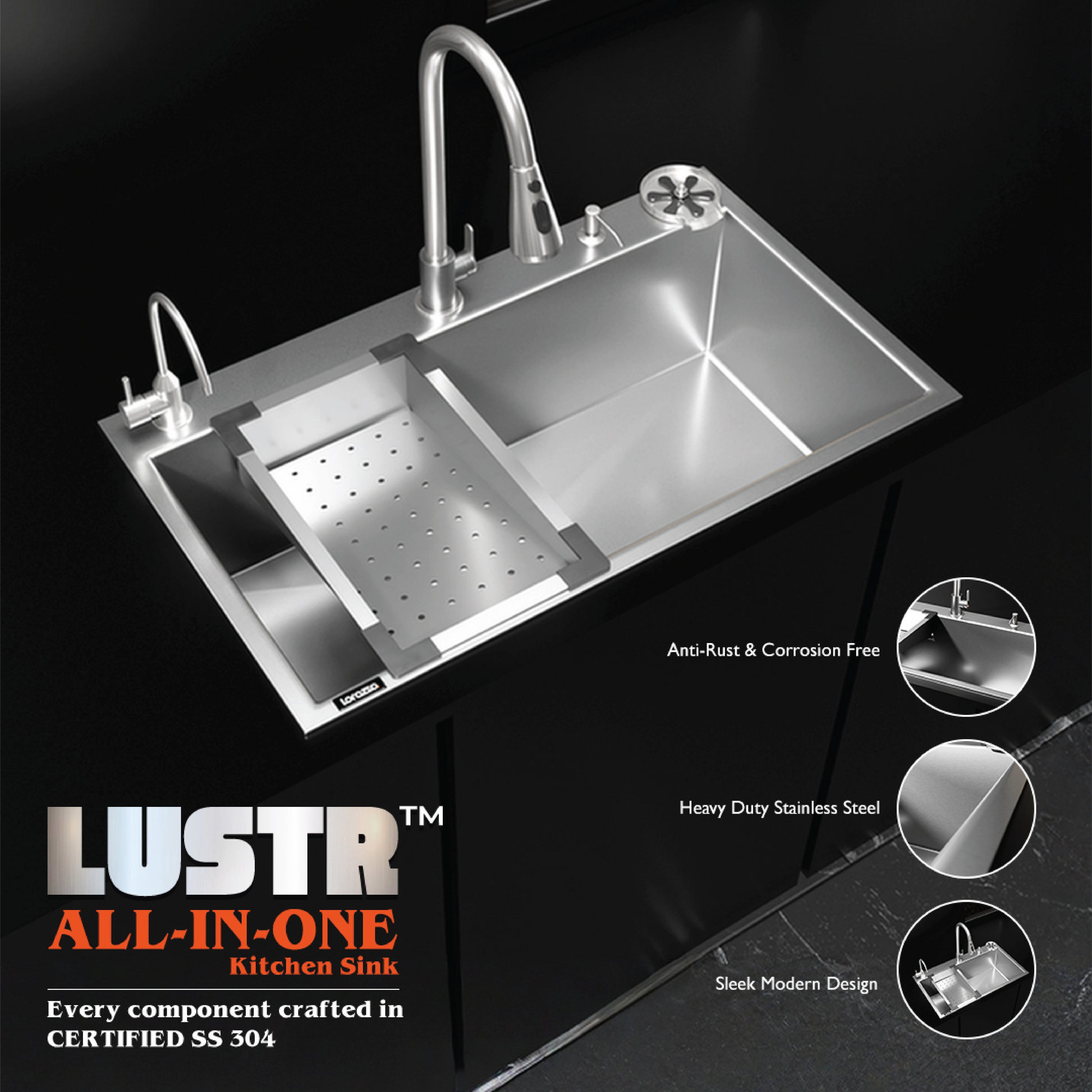 Lustr™ All-in-One Stainless Steel 304 Kitchen Sink - 30×18x9 Inches