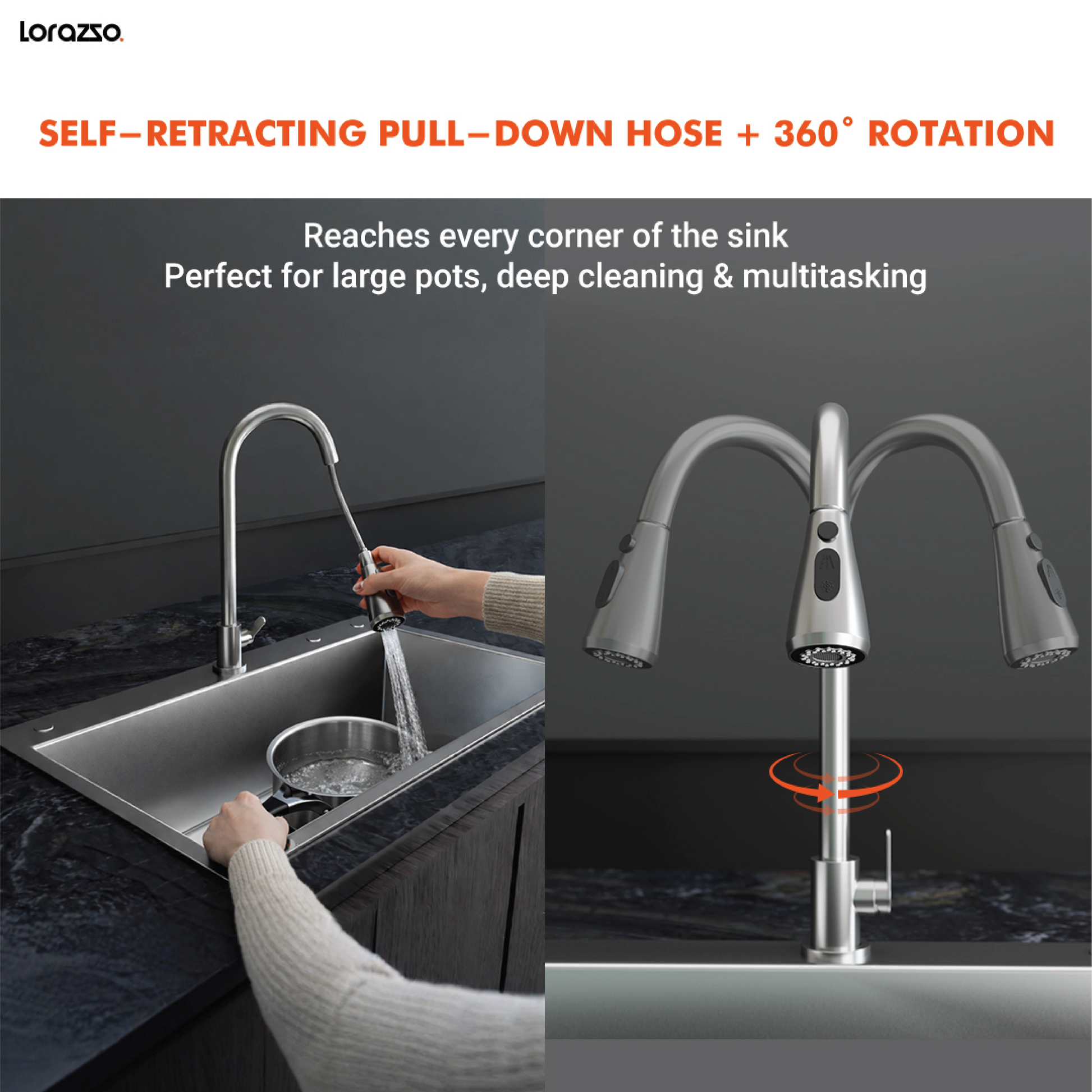 Creo™ Pull-Down SS304 Kitchen Faucet | Hot & Cold, 360° Swivel | Dual Spray