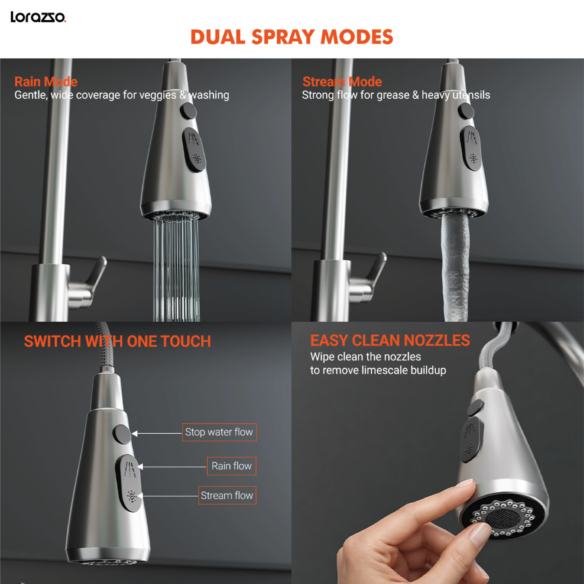 Creo™ Pull-Down SS304 Kitchen Faucet | Hot & Cold, 360° Swivel | Dual Spray