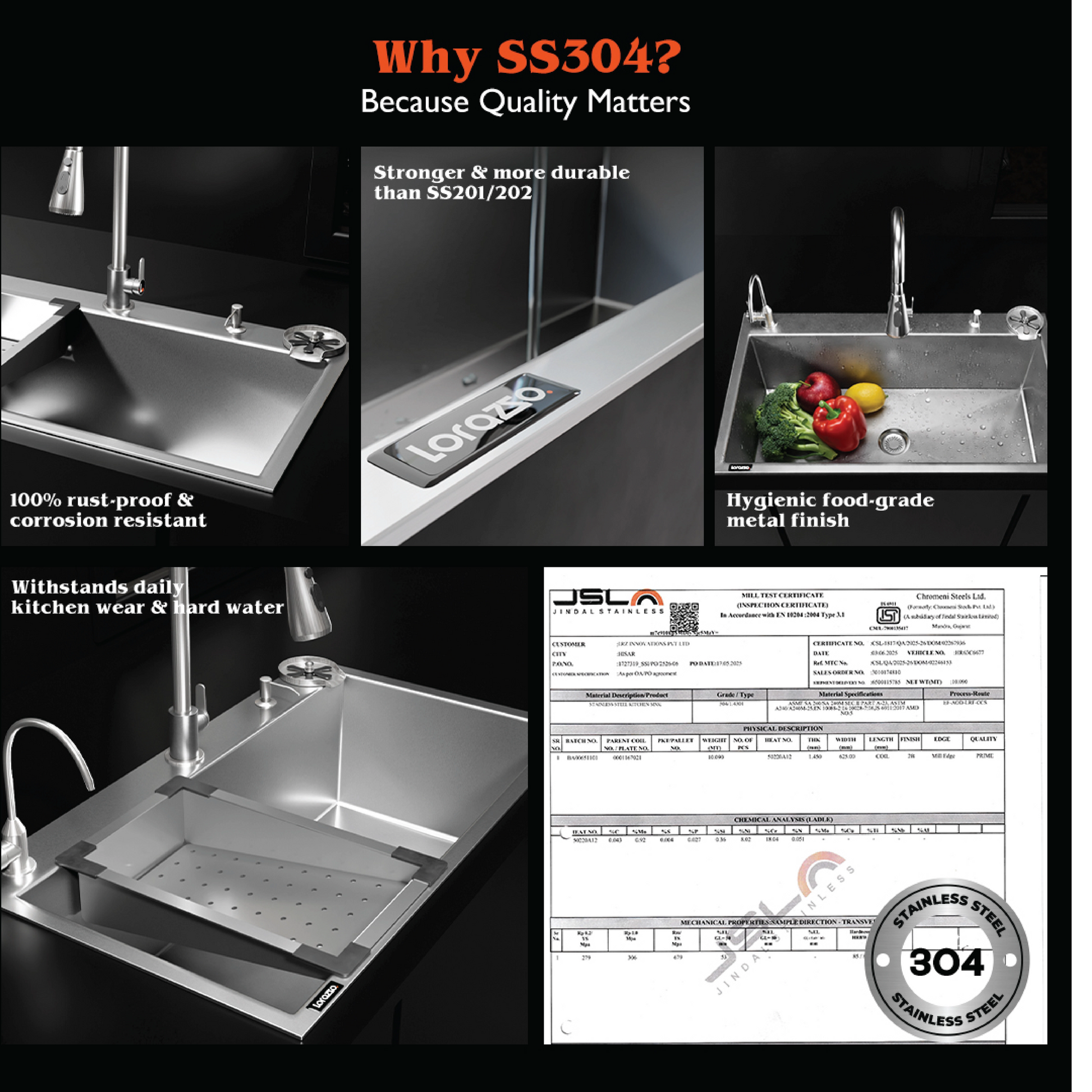 Lustr™ All-in-One Stainless Steel 304 Kitchen Sink - 30×18x9 Inches