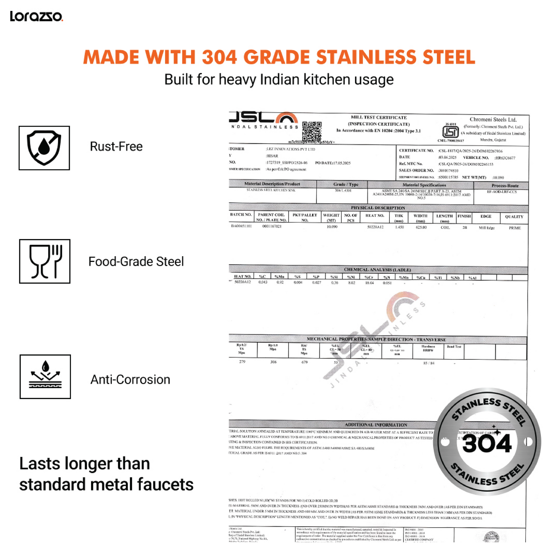 Creo™ Pull-Down SS304 Kitchen Faucet | Hot & Cold, 360° Swivel | Dual Spray