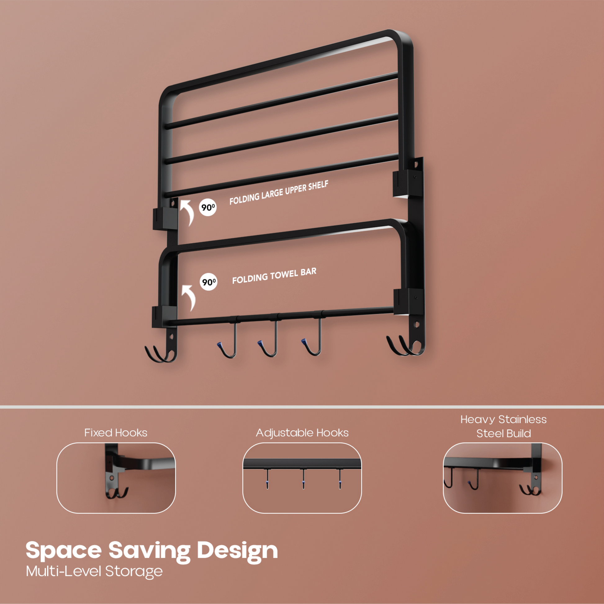 Folding Towel Rack – 24 Inch | Black Matte Finish