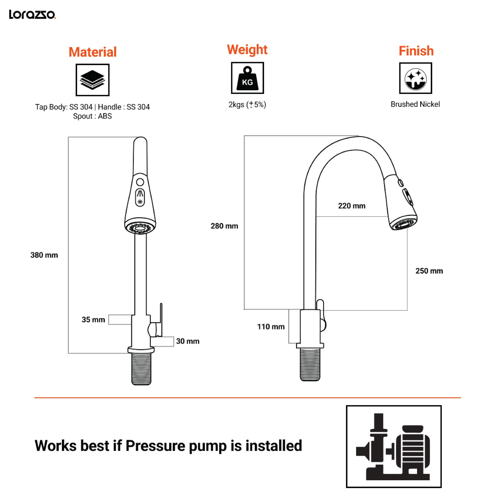 Creo™ Pull-Down SS304 Kitchen Faucet | Hot & Cold, 360° Swivel | Dual Spray