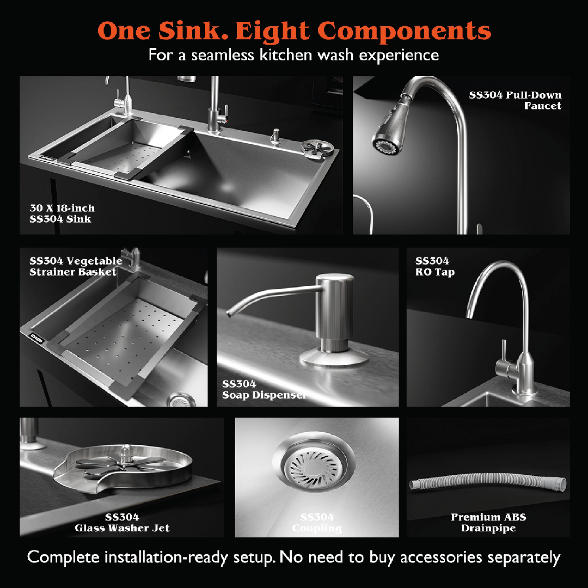 Lustr™ All-in-One Stainless Steel 304 Kitchen Sink - 30×18x9 Inches