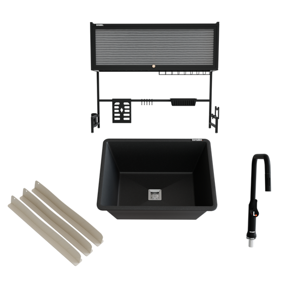 Kitchen Wash Area Upgrade Combo – Quartz Sink, Faucet, Rack & Splash Guards hover