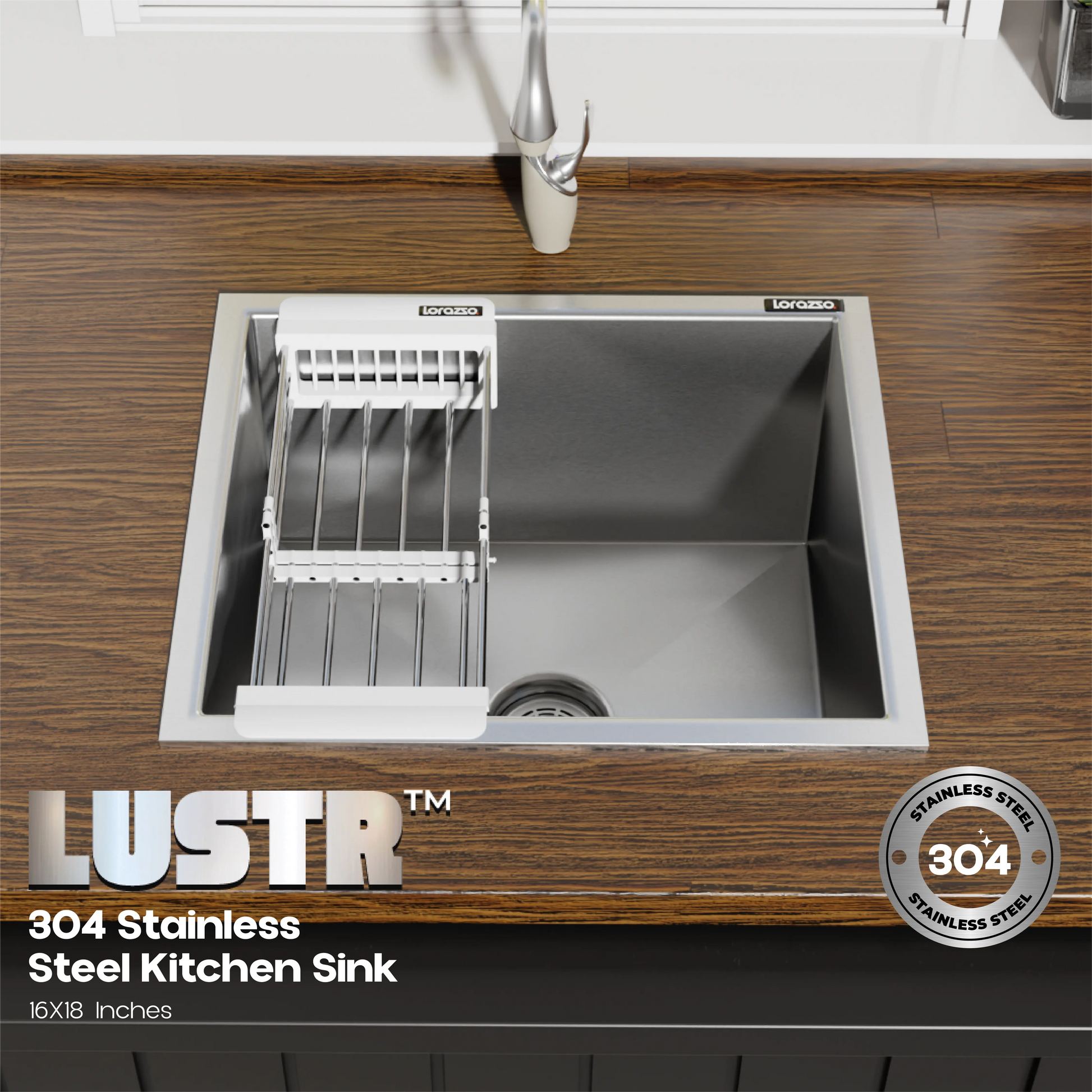 Lustr™ Single Bowl SS304 Kitchen Sink – 16 x 18 inches | 20-Year Warranty