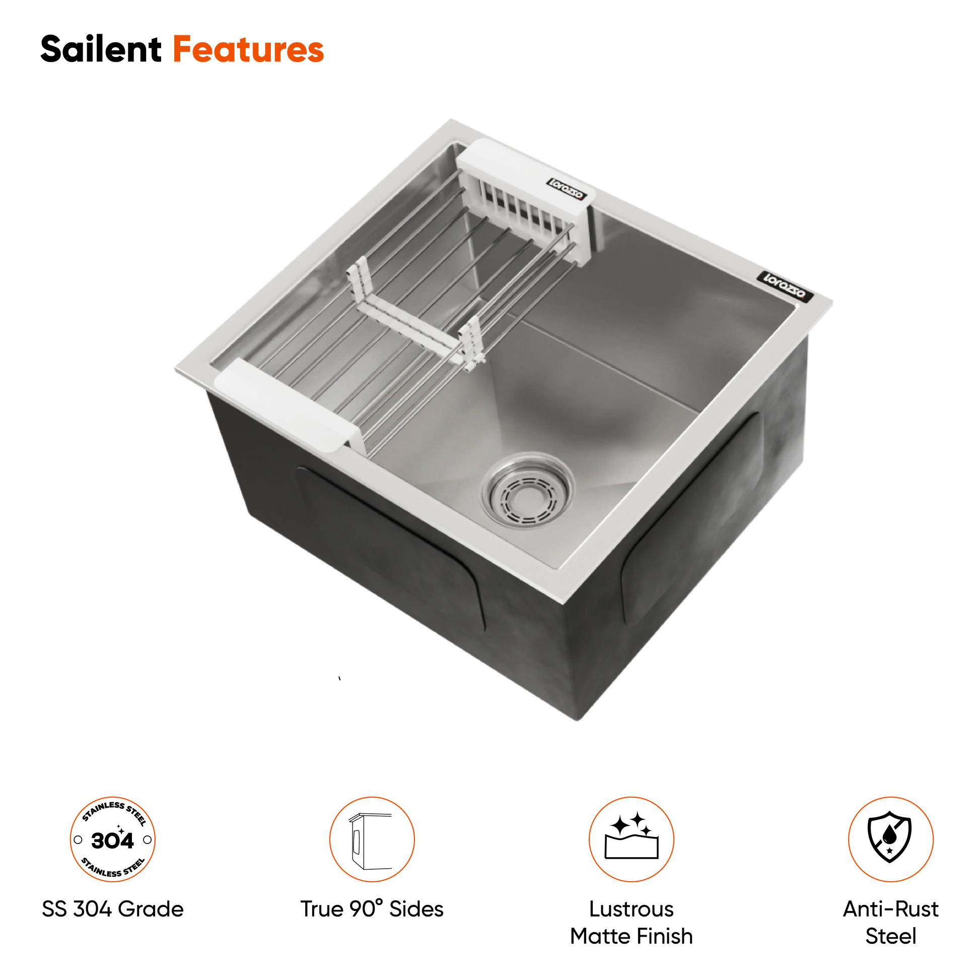 Lustr™ Single Bowl SS304 Kitchen Sink – 16 x 18 inches | 20-Year Warranty