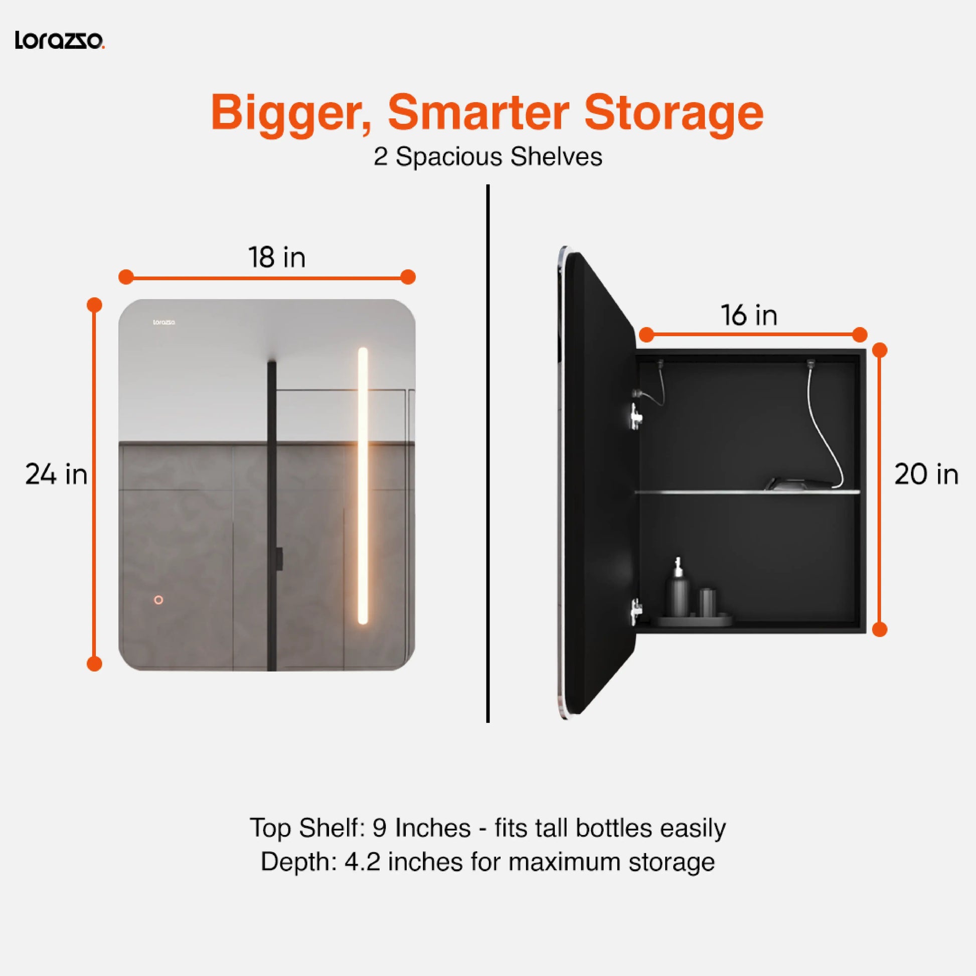 Reflekt™ Smart LED Mirror Cabinet (24×18 Inches) with Storage